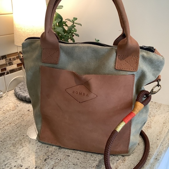 Bomba Olive Green Canvas & Leather “the Weekday” Tote Bag with Mzuzu Rope Strap - Picture 1 of 11